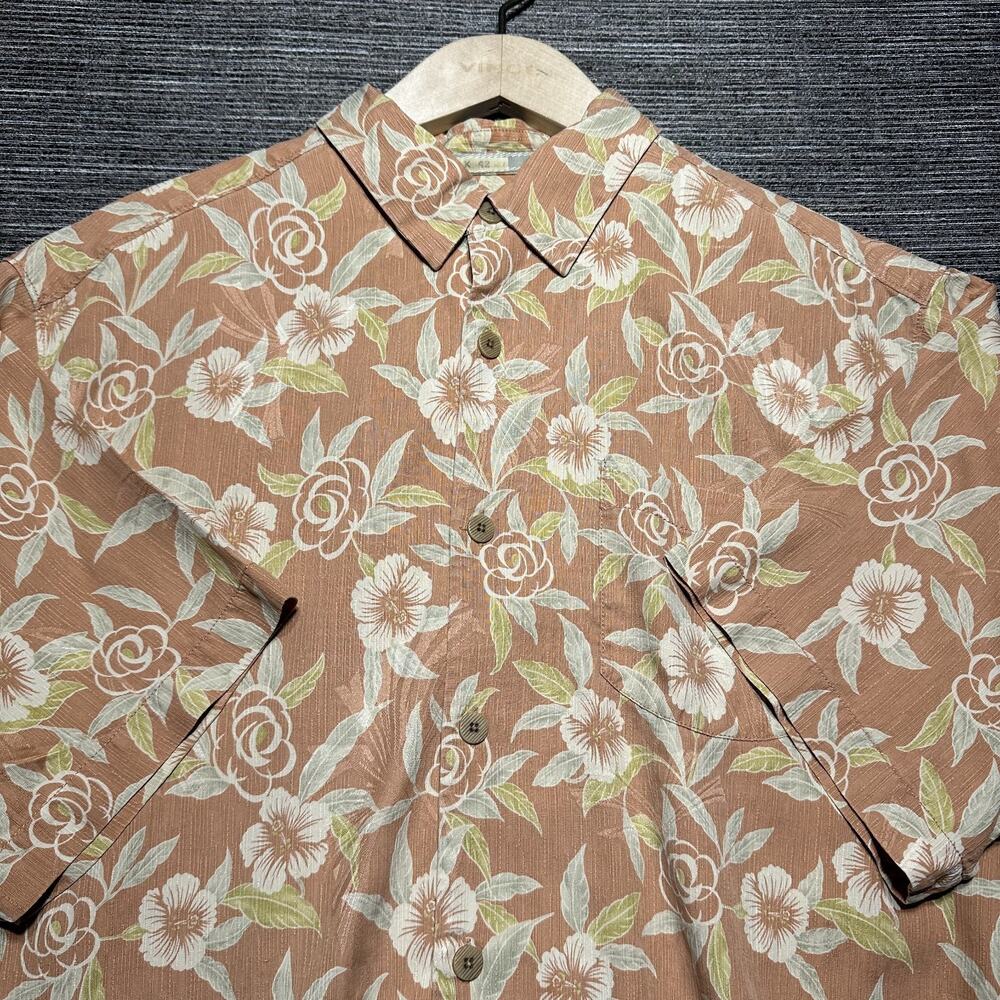 Tommy Bahama Shirt Men's Medium Orange Silk Floral Short Sleeve Button Hawaiian